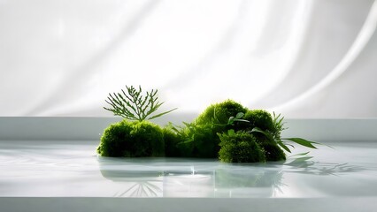 Aufkleber - 白いテーブルに置かれた緑の苔と葉のクローズアップ 瑞々しい自然の静物 白い背景 光と影のコントラスト