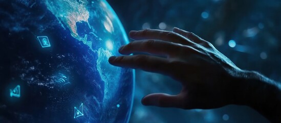 Poster - Global Connection: A Hand Reaching Towards a Futuristic Earth