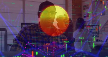 Poster - Man wearing glasses and plaid shirt sipping coffee at desk showing financial charts and line graphs