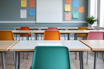 Aufkleber - Modern classroom with colorful chairs and blurred whiteboard, ready for students and learning