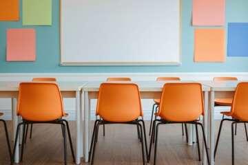 Poster - Modern classroom with orange chairs and whiteboard promoting collaborative learning
