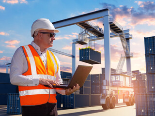 Poster - Man at container yard at port. Worker with laptop near gantry crane. Manager works in container terminal. Man controls work gantry crane. Process moving containers at port. Port dispatcher in helmet