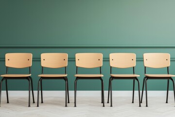 Poster - Empty school desks await students in a serene green classroom