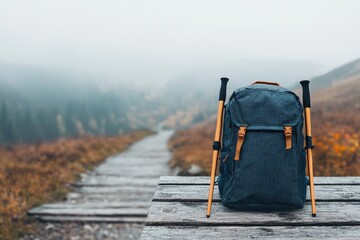 Poster - Backpack and trekking poles resting on rustic wooden table overlooking hiking trail in misty mountains