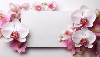 Aufkleber - White card surrounded by pink flowers. Beautiful orchids with textured paper. Delicate blossoms and gentle colors create a soft, inviting space for text or design. Floral frame.