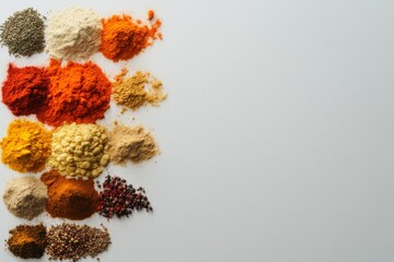Poster - A vibrant arrangement of various spices forms a creative brain shape on a clean white surface, showcasing colors and textures with ample copy space
