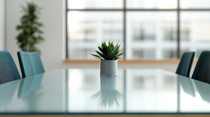 Fototapete - Modern glass table in bright corporate office setting with plant