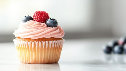 Poster - A vibrant fruit cupcake features swirls of pale pink frosting and is topped with fresh blueberries and raspberries inside a glass display case