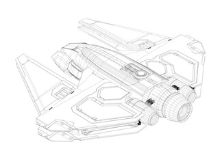 Poster - A black and white drawing of a spaceship. The drawing is of a wireframe futuristic spaceship