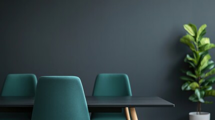 Poster - Modern office interior design featuring teal chairs and a dark table