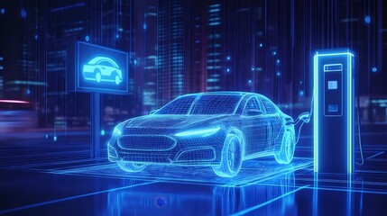 Aufkleber - デジタルで描かれた電気自動車が都市の充電ステーションで充電中青色の光が未来的な技術を表現