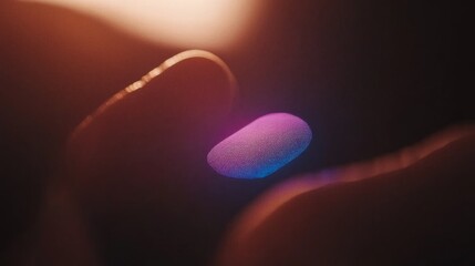 Fototapete - Close-up view of a cutting-edge fingerprint scanning interface features a glowing holographic fingerprint illuminated in blue light, set on a dark background