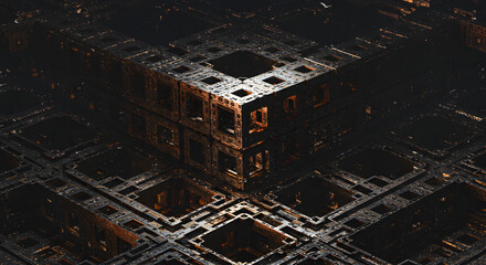 Poster - Complex Fractal Structure With Interlocking Metallic Cubes And Deep Cavities