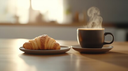 Poster - A steaming cup of espresso sits beside a flaky croissant on a rustic ceramic plate, basking in soft morning light on a wooden table, perfect for breakfast