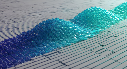 Poster - Abstract Cubes Forming Cyan Waves on Metallic Surface Technology Background