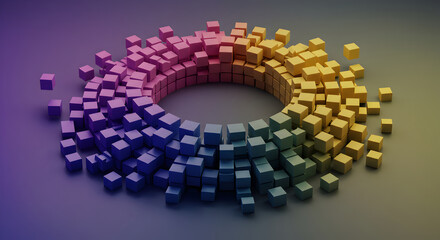 Poster - Abstract Circular Array Of 3D Cubes Gradient From Purple To Yellow