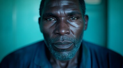 Poster - An African man gazes intently into the camera, illuminated by soft lighting that highlights his strong features and profound expression against a blurred background