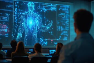 Poster - Advanced technology demonstration in a modern classroom setting with virtual human model