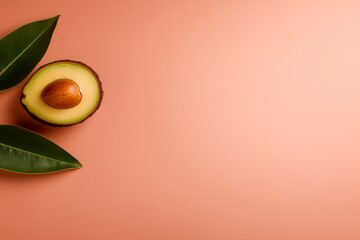 Aufkleber - A ripe avocado, sliced in half to reveal its seed, rests next to a green leaf on a soft pastel surface, emphasizing health and nutrition