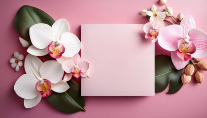 Poster - Pink card with orchid flowers and green leaves on pink background. Blossoms are white and pink. Elegant floral decoration with soft pastel colors. Fresh spring flowers, square space for text.