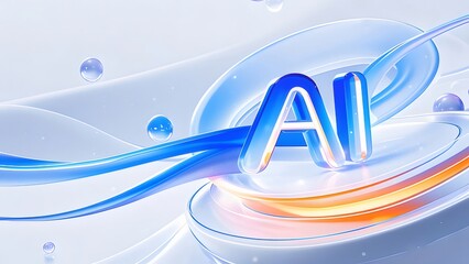 Poster - 青色グラデーションの抽象的なAI文字と流線型デザイン 背景に光と立体感 未来技術を表現したデジタルイメージ
