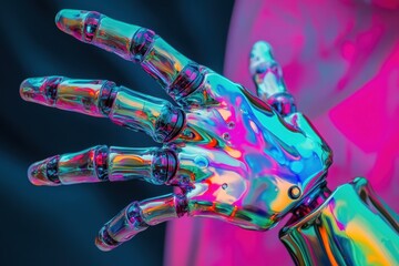 Poster - Colorful robotic hand displaying intricate design with vibrant hues and reflections