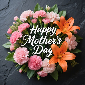 Mother's Day floral arrangement, colorful flowers, pink carnations, orange lilies, white text, dark slate background