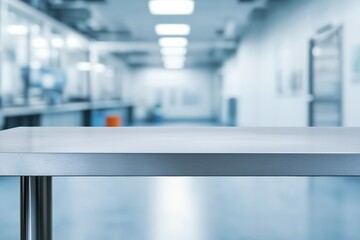 Poster - Modern industrial steel table showcasing futuristic office backdrop
