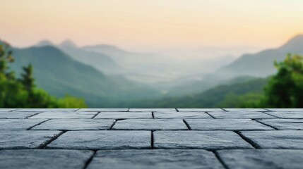 Poster - Empty stone table showcasing misty mountain range at dawn