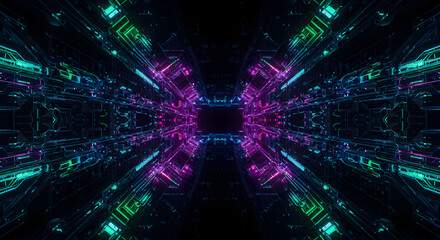 Poster - Futuristic Abstract Space Tunnel With Neon Glowing Lights Background