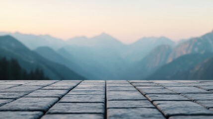 Poster - Empty stone table overlooking misty mountain range at sunset