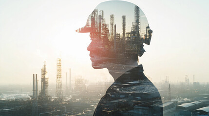 Poster - Double exposure portrait of an industrial worker at sunrise Generative AI
