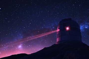 Poster - astronomical observatory illuminates the night sky with laser as stars shimmer in the background