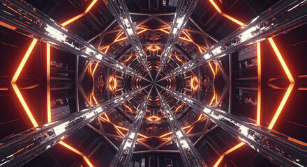 Poster - Abstract Futuristic Tunnel With Metallic Structure And Glowing Orange Lights