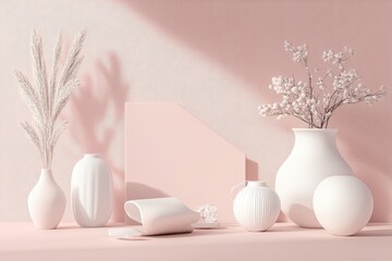 Poster - Soft pastel decor featuring white vases and decorative elements on a light pink background