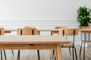 Fototapete - Empty school desk showcasing space for learning in blurred classroom