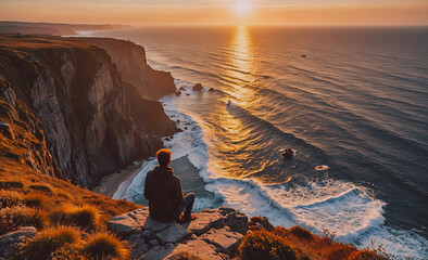 Poster - Man is sitting on a rock overlooking the ocean. The sky is orange and the sun is setting. The man is looking out at the water, taking in the beauty of the scene