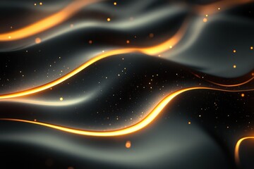 Poster - Flowing black fabric with glowing orange lines and shimmering particles in a dim atmosphere