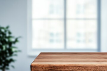 Fototapete - Empty wooden table in blurred room with window and plant