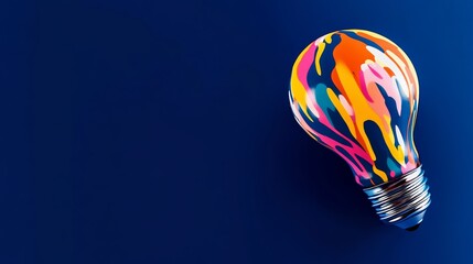 Poster - Colorful light bulb is on a blue background. The light bulb is surrounded by a rainbow of colors, making it look like a piece of art. Scene is bright and cheerful, as the colors of the light bulb