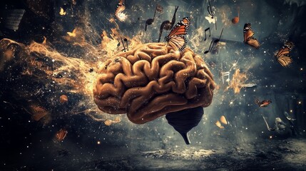 Poster - A brain mid-explosion, transforming into butterflies, musical notes, and stardust, symbolizing imagination and thought