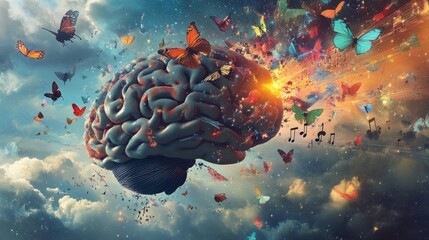 Poster - A brain mid-explosion, transforming into butterflies, musical notes, and stardust, symbolizing imagination and thought