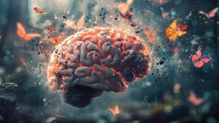 Poster - A brain mid-explosion, transforming into butterflies, musical notes, and stardust, symbolizing imagination and thought