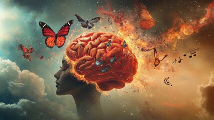 Poster - A brain mid-explosion, transforming into butterflies, musical notes, and stardust, symbolizing imagination and thought