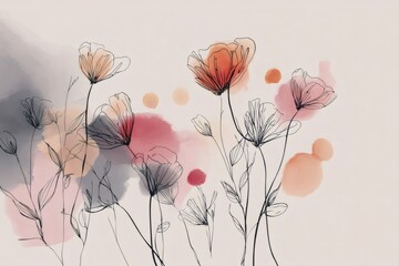 Poster - Elegant line art flowers emerging from watercolor background