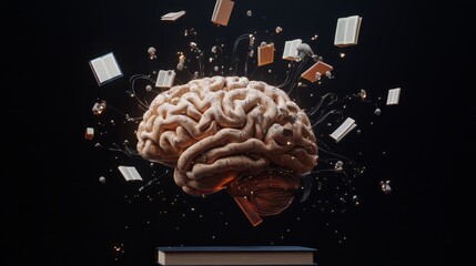 Poster - Brain illustrated in 3D with explosion of knowledge icons like books, data streams, and circuitry emanating from it