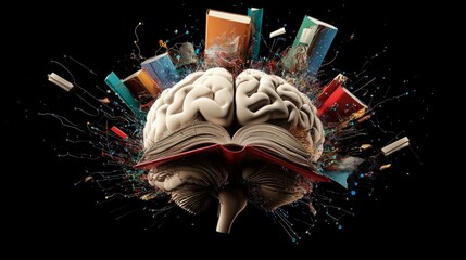 Poster - Brain illustrated in 3D with explosion of knowledge icons like books, data streams, and circuitry emanating from it