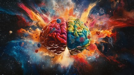 Poster - Concept art of a human brain bursting open with vibrant colors, symbols of science and art flying outward, set against a cosmic background
