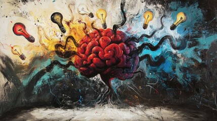 Poster - Dynamic explosion from a brain into visual metaphors for thinking: question marks, lightbulbs, formulas, and art