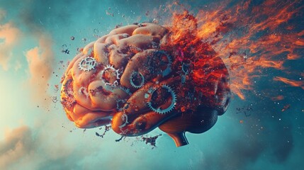 Poster - Exploding brain concept with surreal fragments like clock gears, fractals, and bright paint flowing into the sky